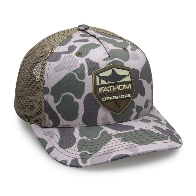 Camouflage cap with Fathom Offshore logo on a white background