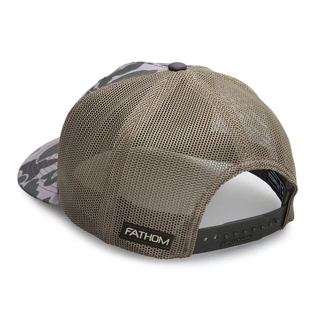 Brown mesh cap with camouflage visor and 'Fathom' logo on a white background
