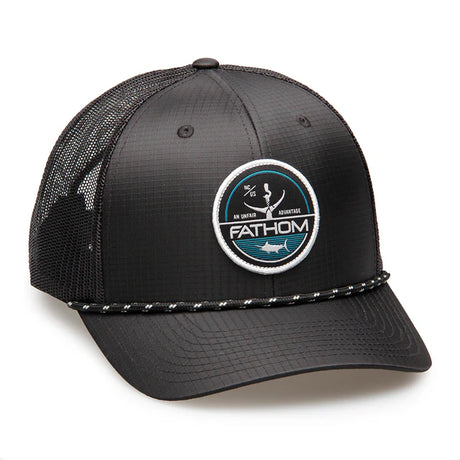 Black cap with a Fathom logo on a white background