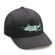 Black cap with a fish and palm leaf design on a white background