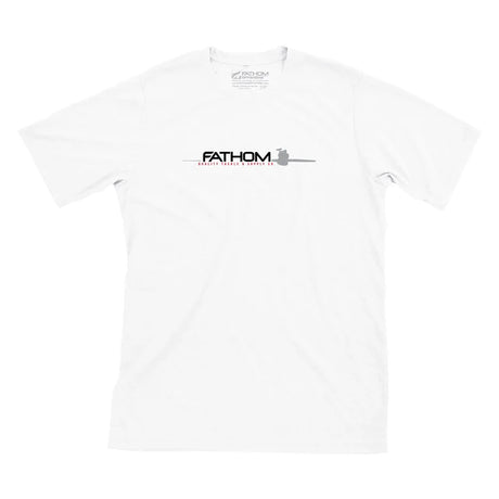 White t-shirt with 'Fathom' logo on a white background