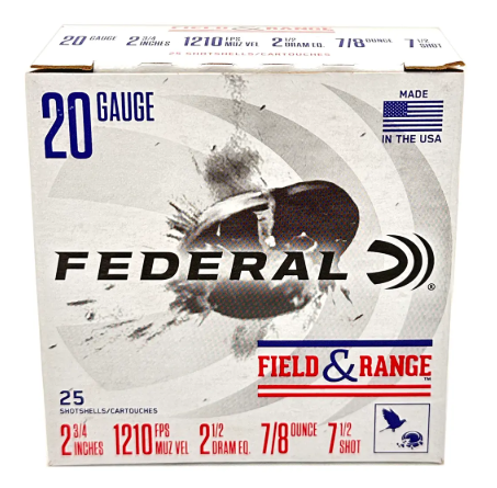 Federal Field & Range 20ga, 2 3/4", 7/8oz, 1210fps, 2 1/2 Dram, #7.5 (25rd Box)