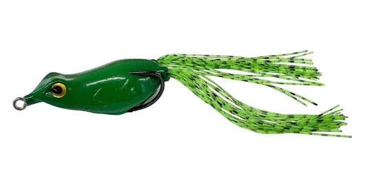 Green frog-shaped fishing lure with a black and green skirt on a white background