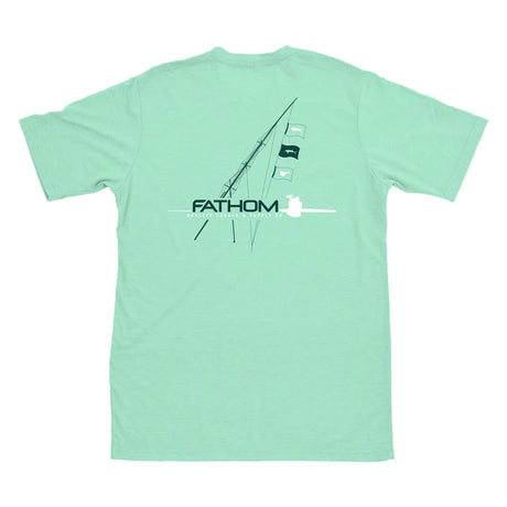 Light green t-shirt with 'Fathom' logo on a white background