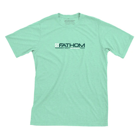 Mint green t-shirt with 'Fathom' logo on a white background