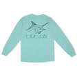 Light blue long-sleeve shirt with marlin graphic and 'Fathom' branding on a white background