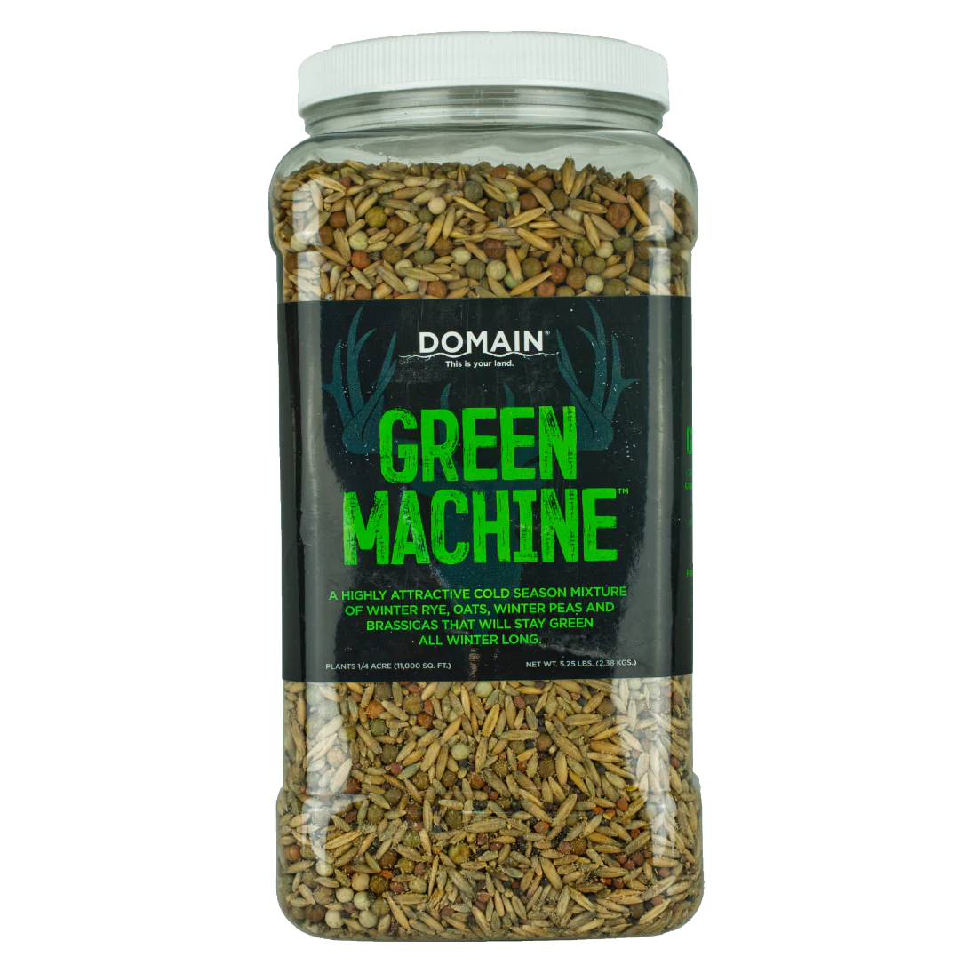 Jar of Domain Green Machine bird seed on a white background