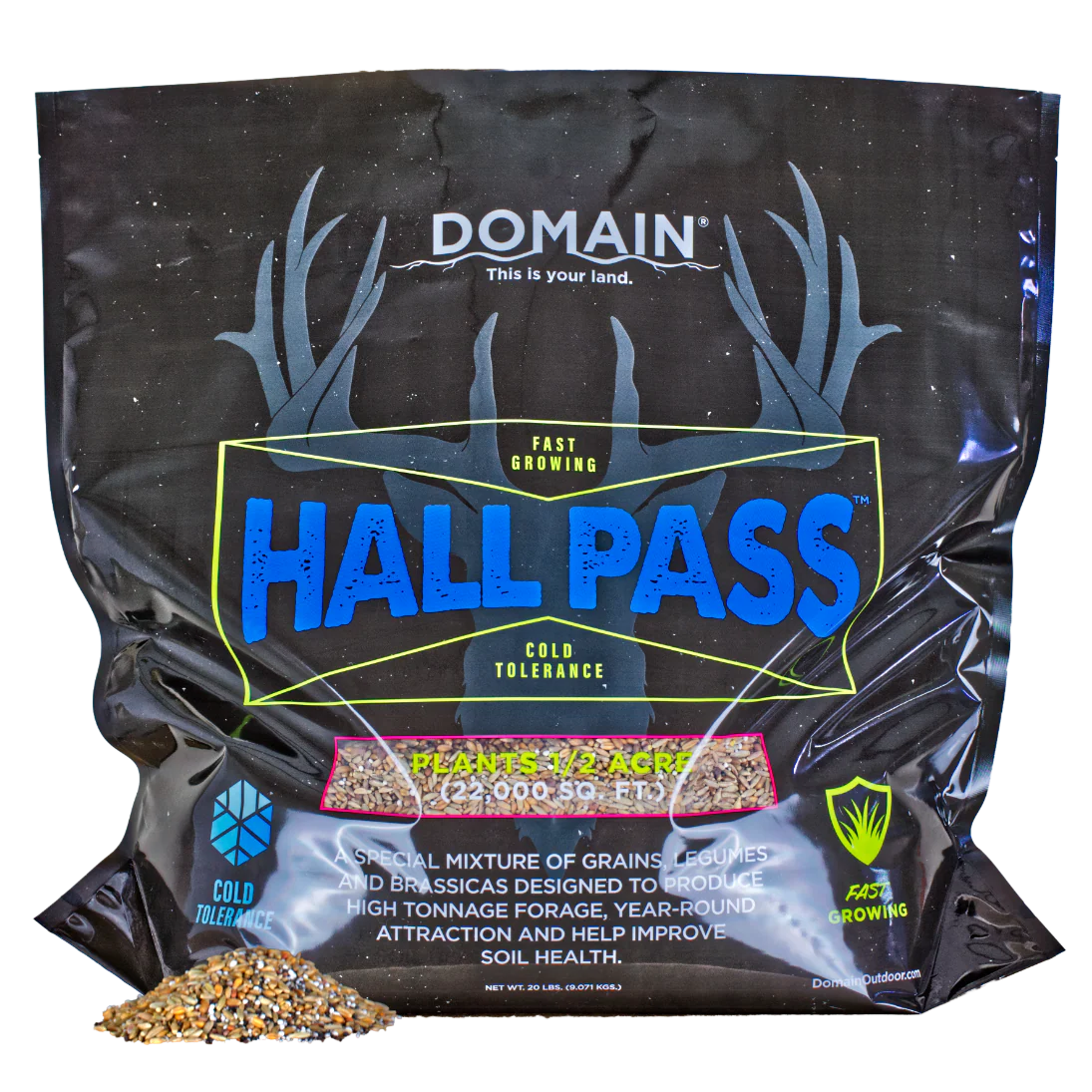 Bag of Domain Hall Pass deer food with text and graphics on a white background
