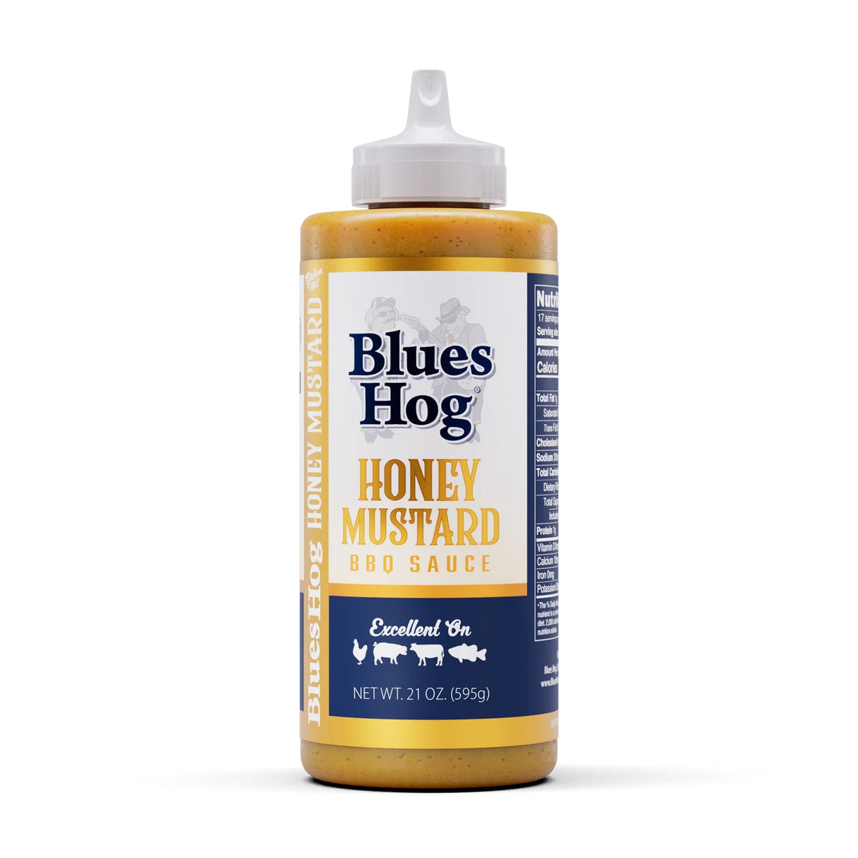 Bottle of Blues Hog Honey Mustard BBQ Sauce on a white background