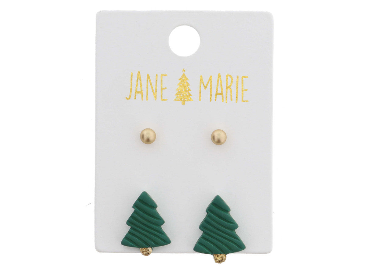 Jane Marie 2 Stud Set, Gold Ball, Textured Green Tree With Gold Accent Earrings