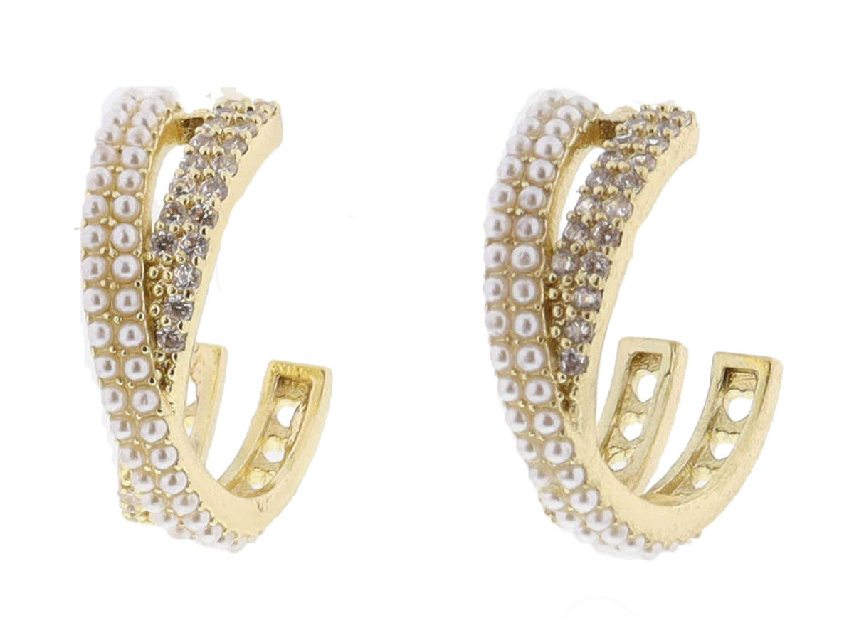 Jane Marie Criss Cross Mini Crystal Pave And Mini Pearl Pave Hoop Earrings