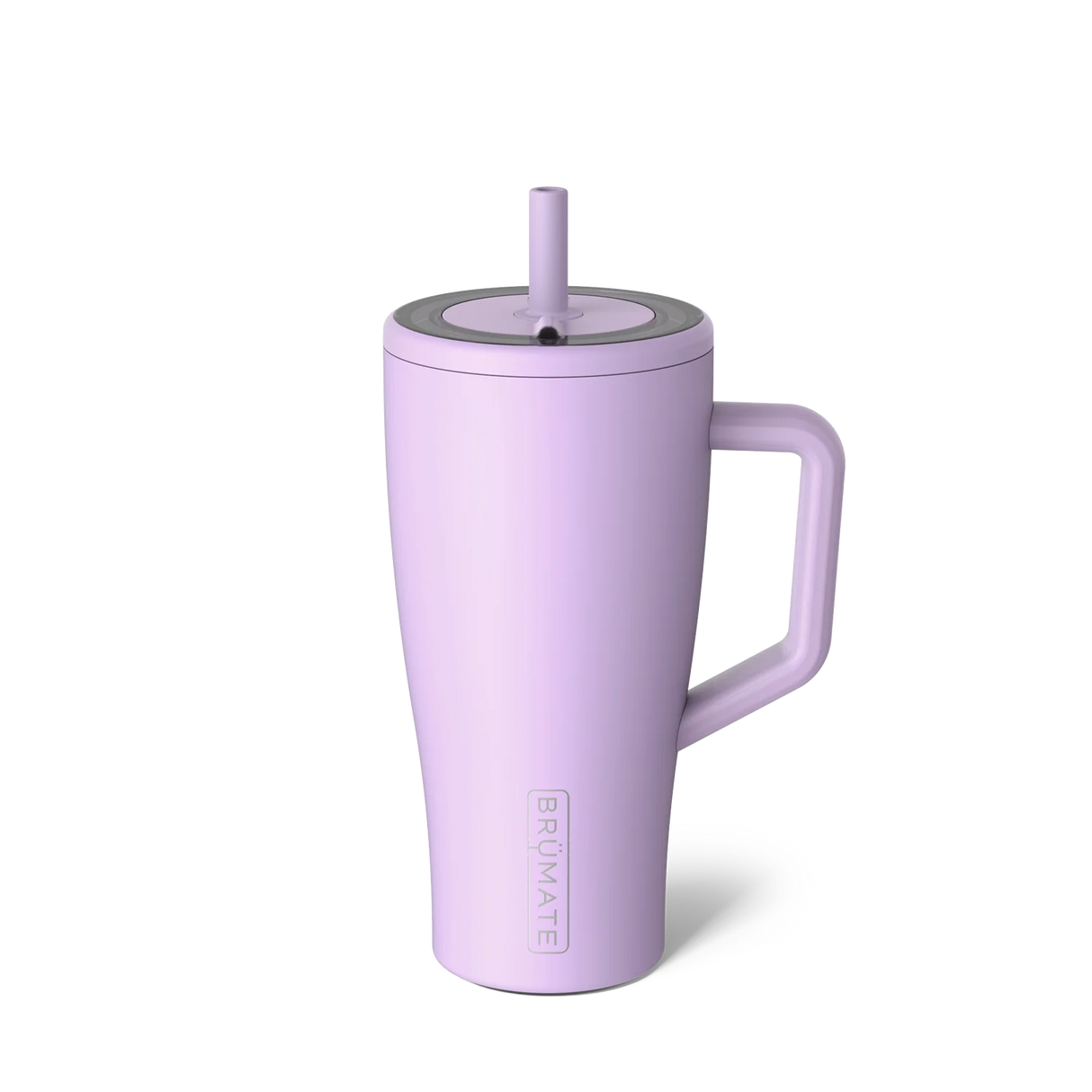 Purple tumbler with handle and straw lid on a white background