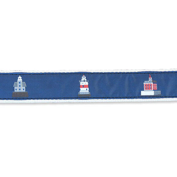 Nautical-themed ribbon with lighthouse designs on a blue background