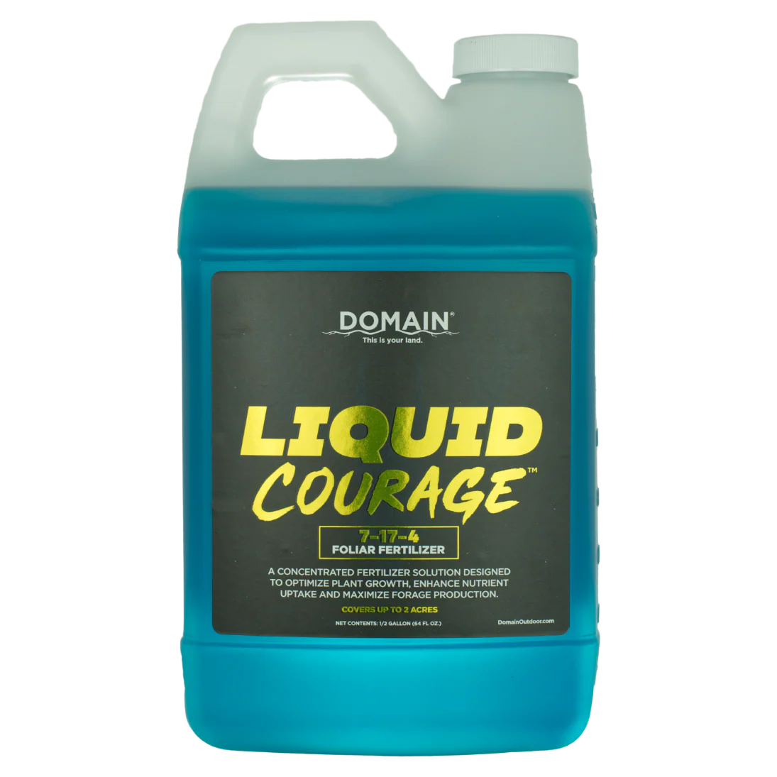 Blue container of Domain Liquid Courage fertilizer on a white background