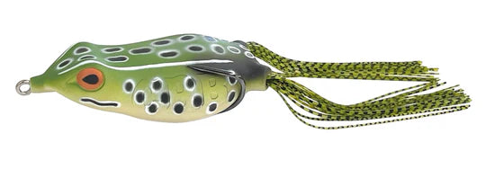 Frog-shaped fishing lure with green and black pattern on a white background