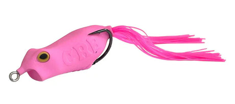 Pink fishing lure with a black hook on a white background
