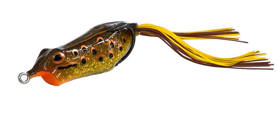 Fishing lure resembling a frog with detailed design on a white background