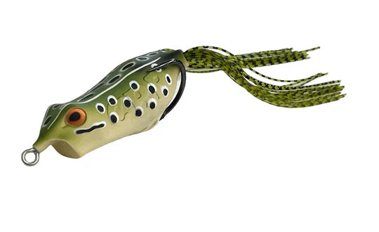 Fishing lure shaped like a frog on a white background