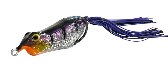 Fishing lure with purple and black details on a white background