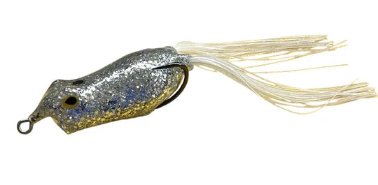 Fishing lure with metallic body and white skirt on a white background