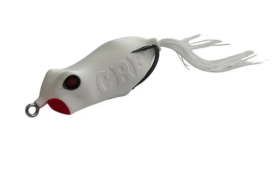 White and red fishing lure with a visible brand logo on a white background