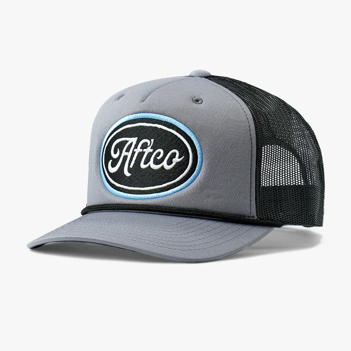 Gray and black trucker hat with 'Aftco' logo on a white background