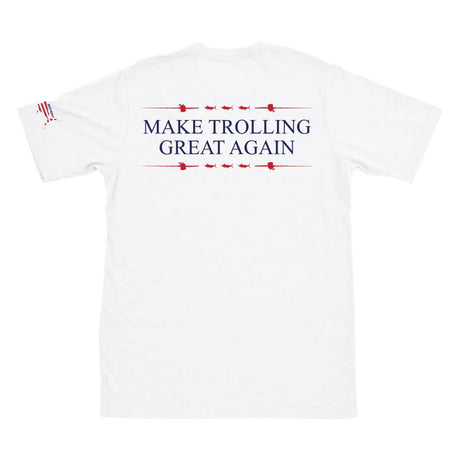 White t-shirt with 'MAKE TROLLING GREAT AGAIN' text on a white background
