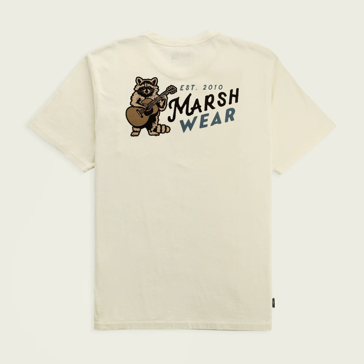 Beige t-shirt with raccoon playing guitar graphic and 'Marsh Wear' text on a white background