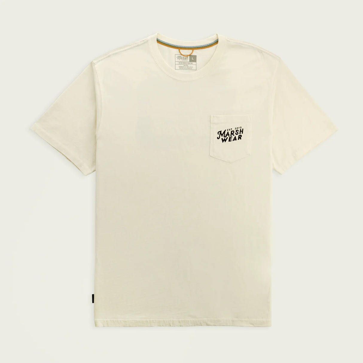 Beige t-shirt with Marsh Wear logo on a light gray background