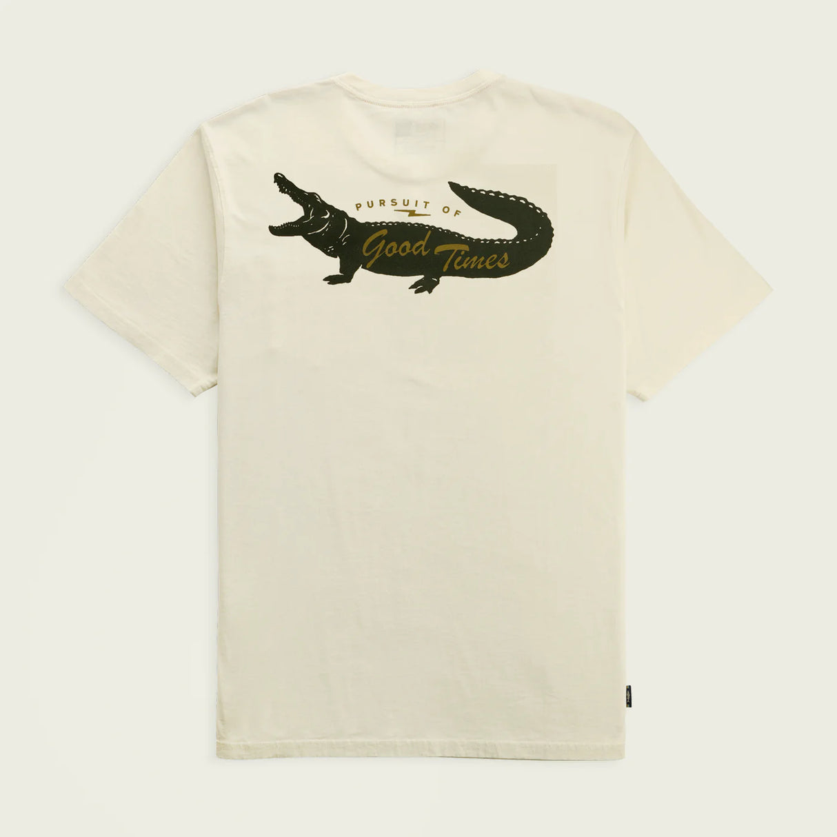 Beige t-shirt with alligator graphic and text on a white background