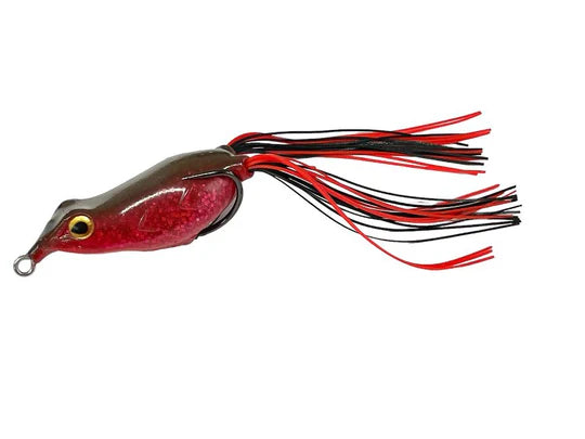 Fishing lure with red and black skirt on a white background