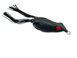 Black and red fishing lure on a white background