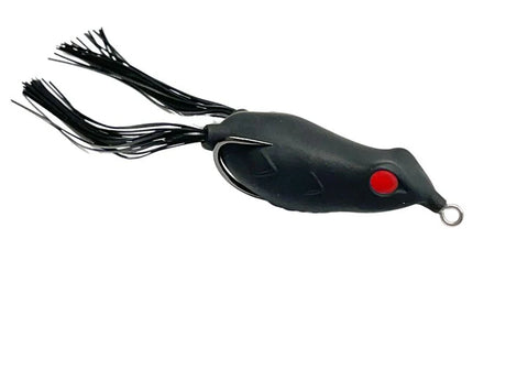 Black and red fishing lure on a white background
