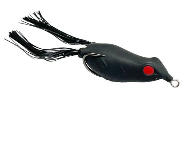 Black and red fishing lure on a white background