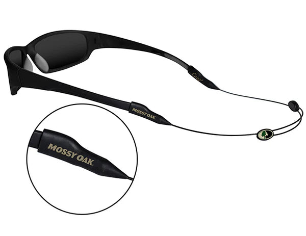 Black sunglasses with a Mossy Oak lanyard on a white background