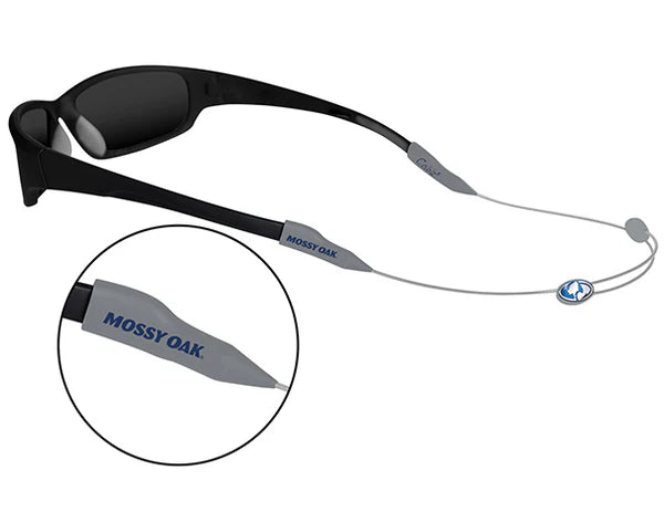 Sunglasses with a gray lanyard featuring 'Mossy Oak' branding on a white background.