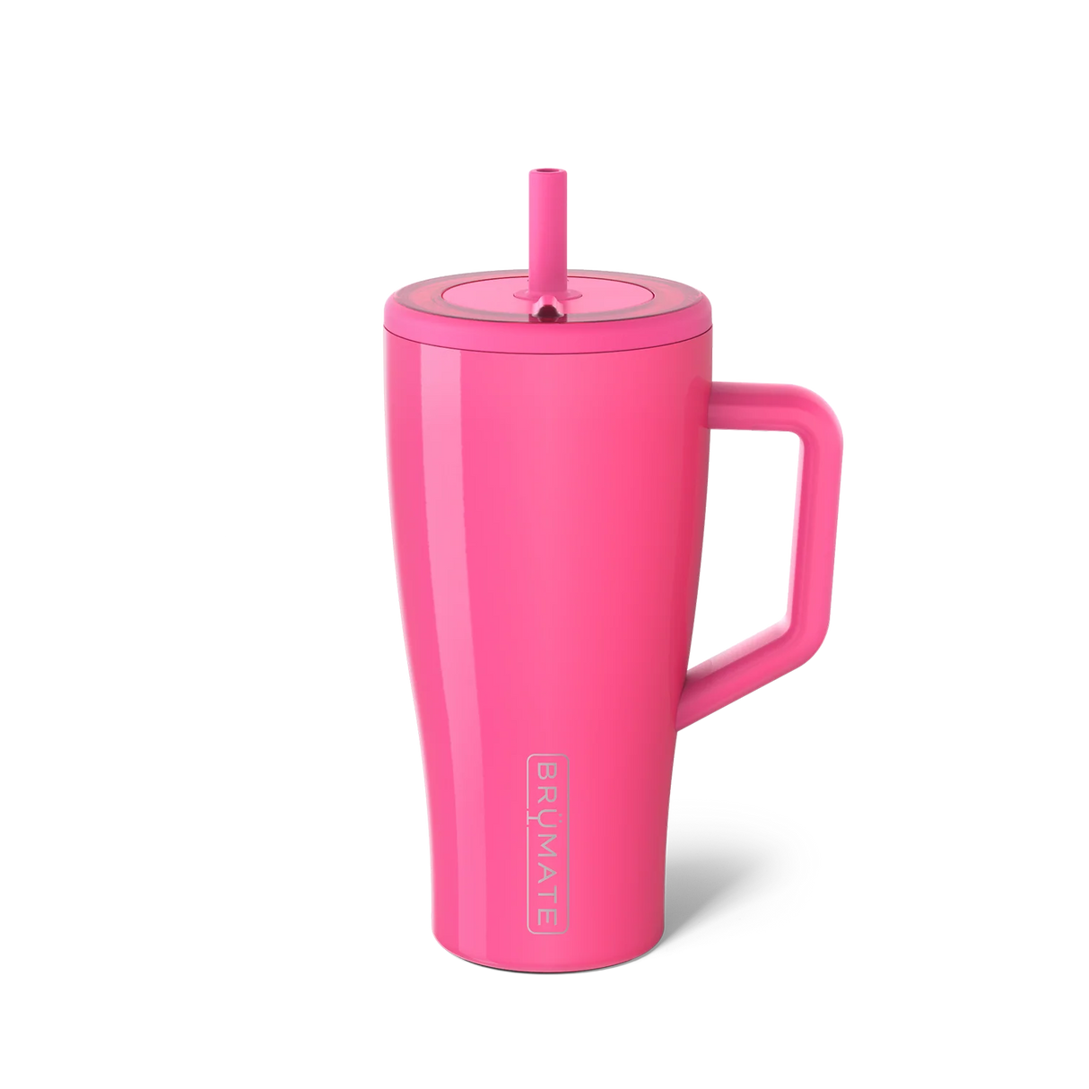 Pink insulated mug with handle and straw lid on a white background