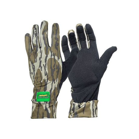 Pair of camouflage gloves with a brand label on a white background
