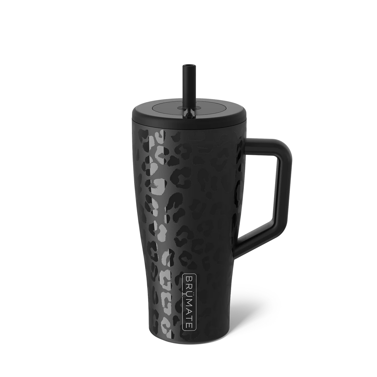 Black travel mug with leopard print pattern and handle on a white background