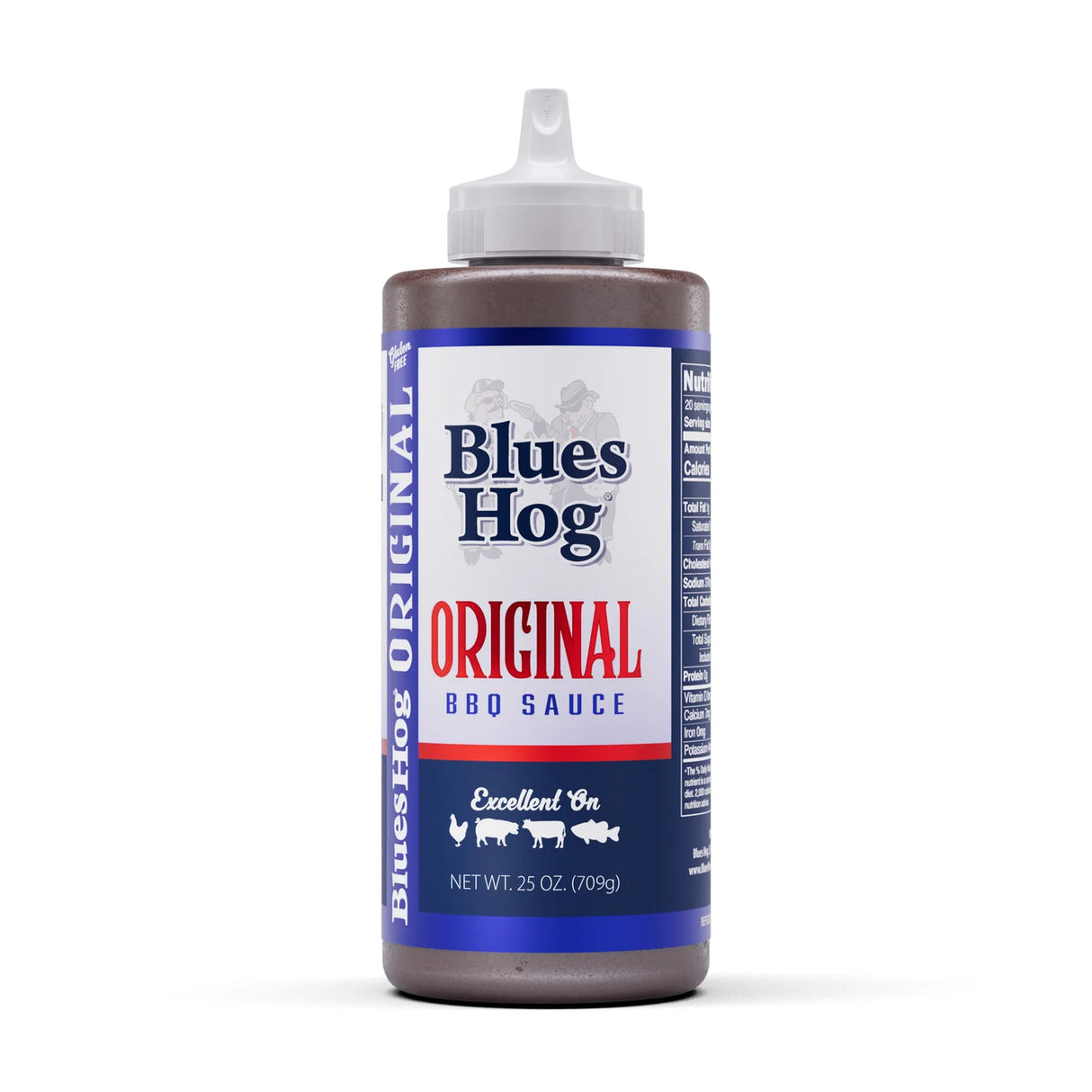 Bottle of Blues Hog Original BBQ Sauce on a white background