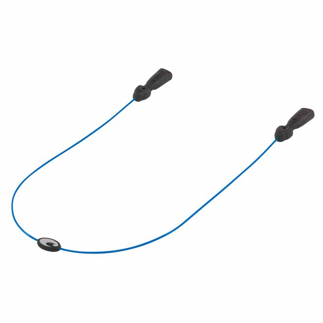 Blue lanyard with black ends on a white background