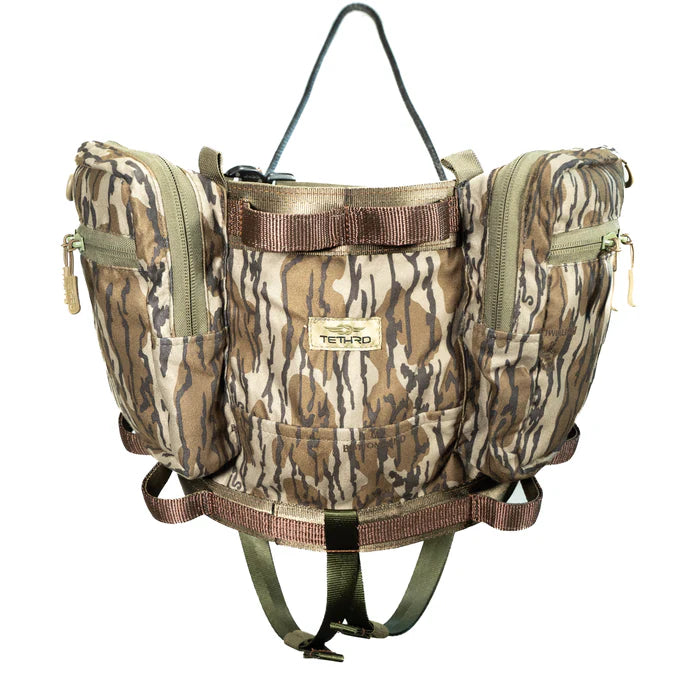 Camouflage hunting backpack with straps on a white background