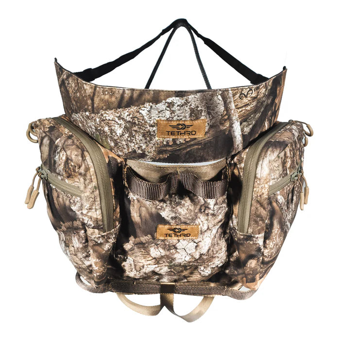 Camouflage hunting backpack with visible brand logo on a white background