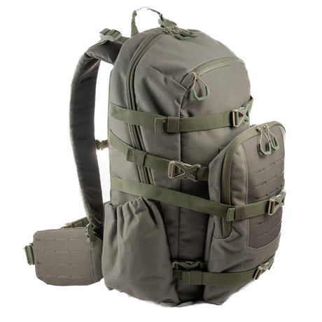 Green tactical backpack on a white background