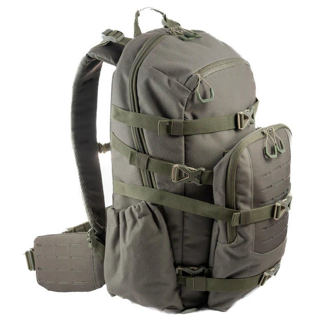 Green tactical backpack on a white background