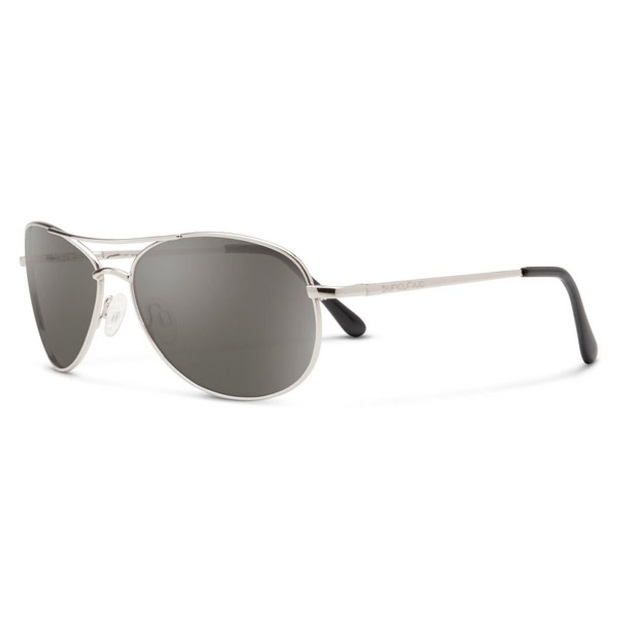 Silver sunglasses with dark lenses on a white background