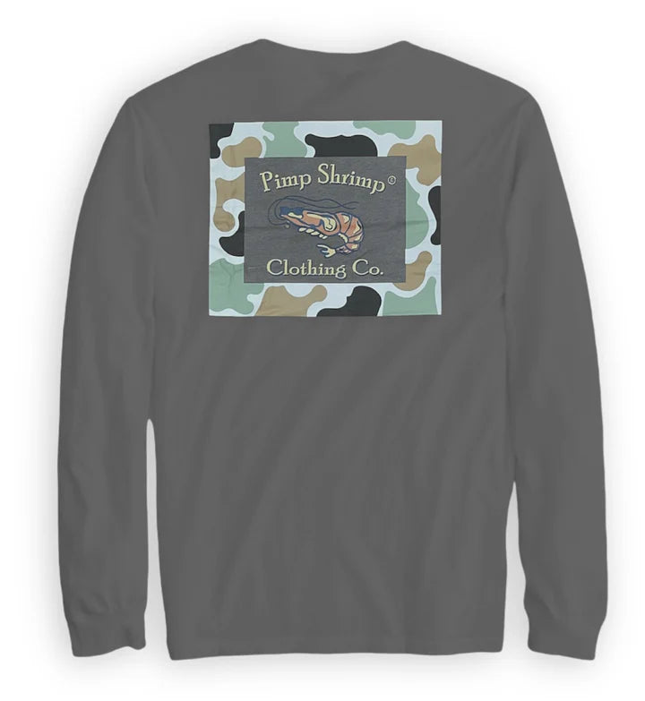 Pimp Shrimp The Camo-Back Long Sleeve Pocketed T-Shirt - Charcoal Grey