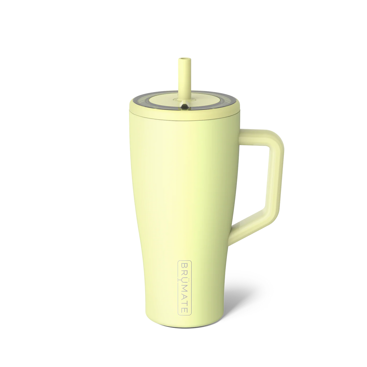 Light green tumbler with a straw on a white background