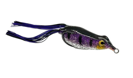 Fishing lure with purple and black design on a white background
