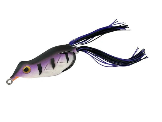 Fishing lure with purple and black details on a white background